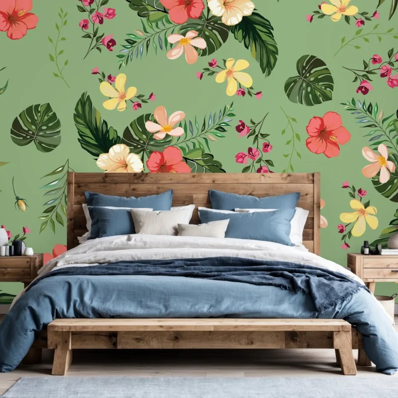 Fototapete grünes tropisches hibiskusmuster – Wallnifity® Fototapete grünes tropisches hibiskusmuster – Wallnifity®