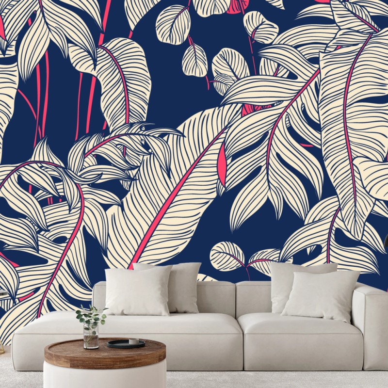 Fototapete marineblaues tropisches blattmuster