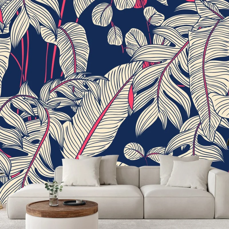 Fototapete marineblaues tropisches blattmuster – Wallnifity®