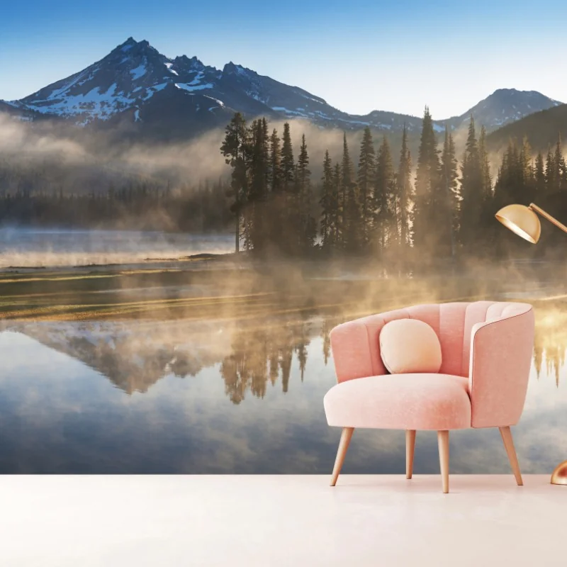 Fototapete nebliger bergspiegel am see bei sonnenaufgang