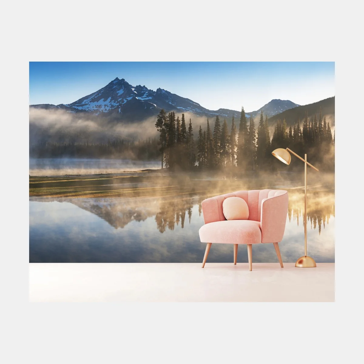 Fototapete nebliger bergspiegel am see bei sonnenaufgang – Wallnifity® Fototapete nebliger bergspiegel am see bei sonnenaufgang – Wallnifity®