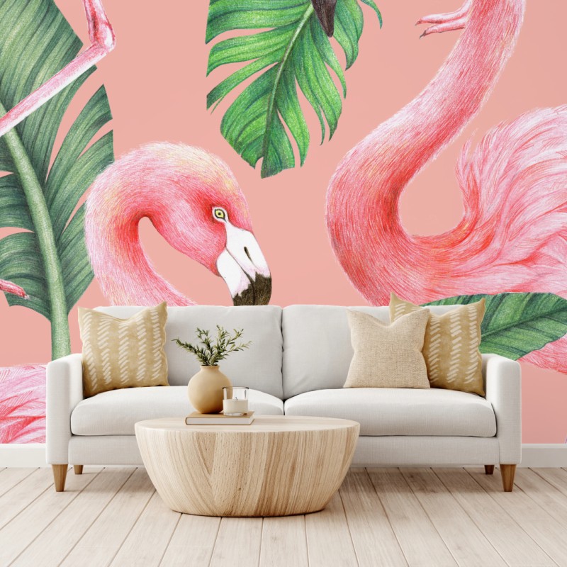 Fototapete rosa flamingo muster mit tropischen blättern