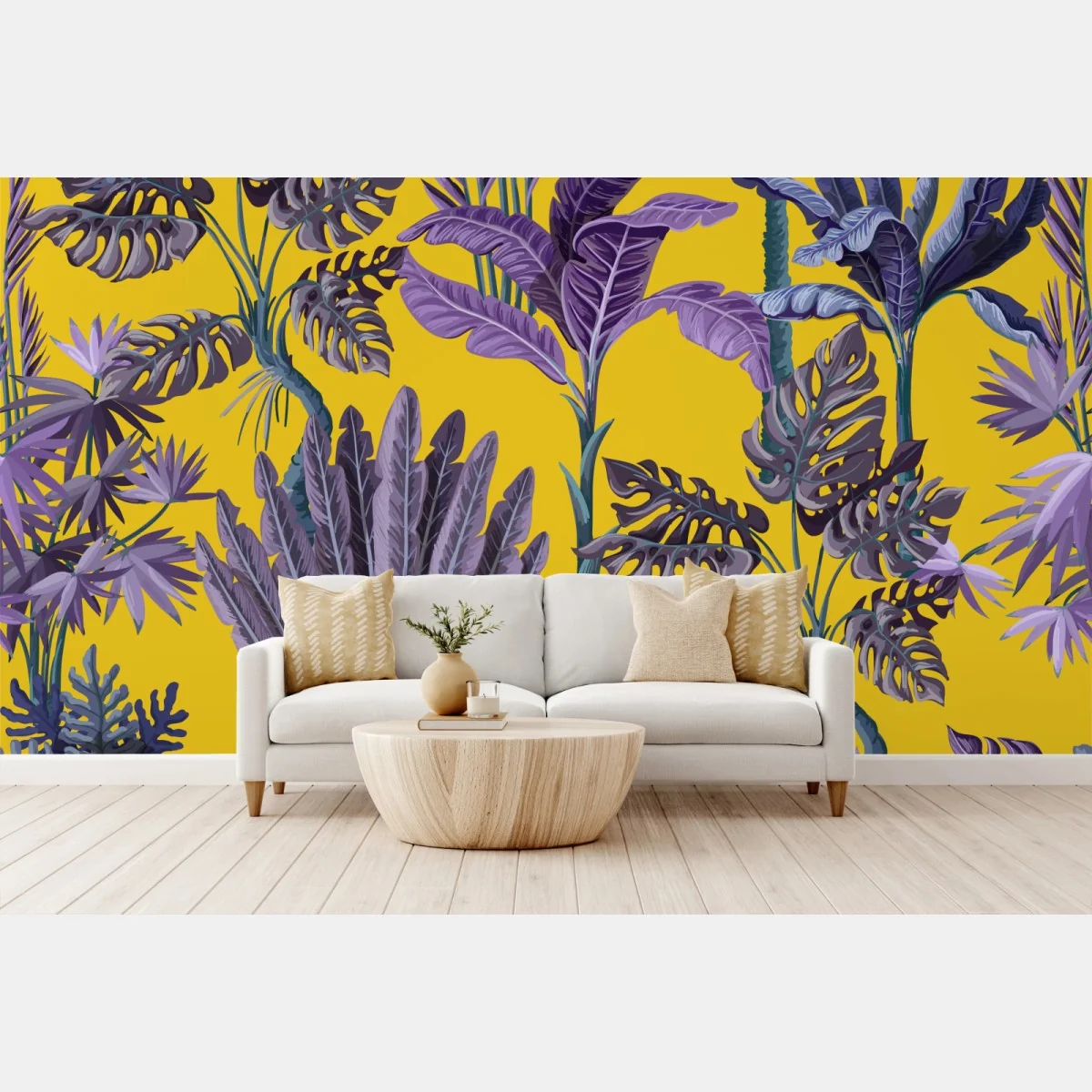 Fototapete tropische lila blätter auf gelbem hintergrund – Wallnifity® Fototapete tropische lila blätter auf gelbem hintergrund – Wallnifity®