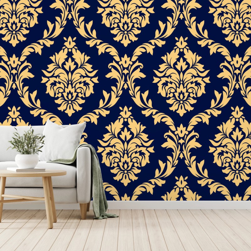 Fototapete elegantes goldenes damastmuster auf tiefblauem hintergrund