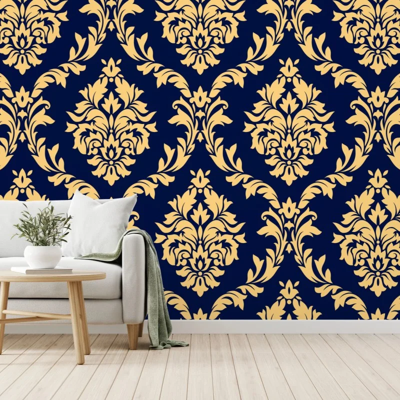 Fototapete elegantes goldenes damastmuster auf tiefblauem hintergrund