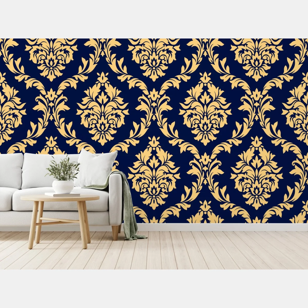 Fototapete elegantes goldenes damastmuster auf tiefblauem hintergrund – Wallnifity® Fototapete elegantes goldenes damastmuster auf tiefblauem hintergrund – Wallnifity®
