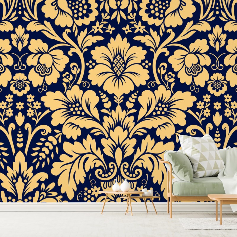 Fototapete dunkelblau-beiges damastmuster