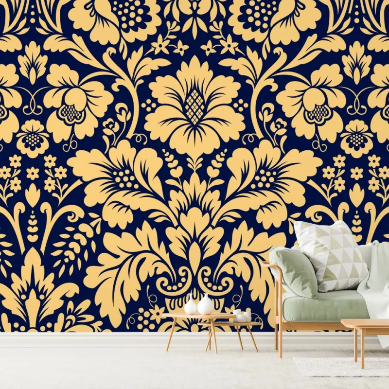 Fototapete dunkelblau-beiges damastmuster