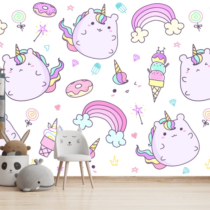 Fototapete verspieltes pastell-einhorn-katzenmuster