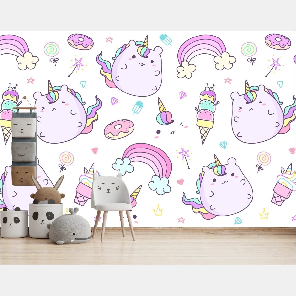 Fototapete verspieltes pastell-einhorn-katzenmuster – Wallnifity® Fototapete verspieltes pastell-einhorn-katzenmuster – Wallnifity®