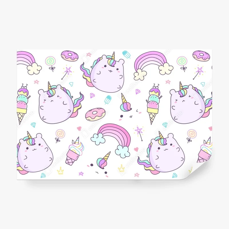 Fototapete verspieltes pastell-einhorn-katzenmuster