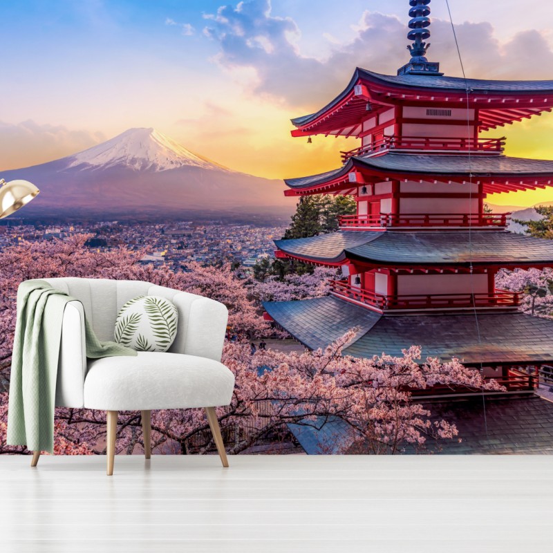 Fototapete sonnenuntergang über dem Fuji und der Chureito-Pagode