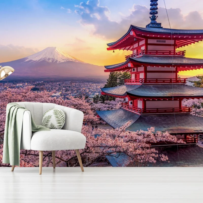 Fototapete sonnenuntergang über dem Fuji und der Chureito-Pagode – Wallnifity®