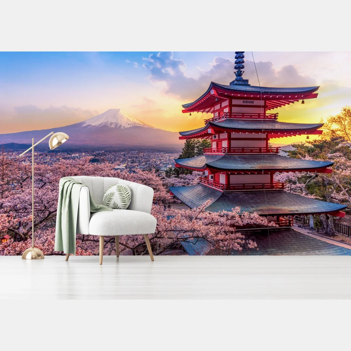 Fototapete sonnenuntergang über dem Fuji und der Chureito-Pagode – Wallnifity®