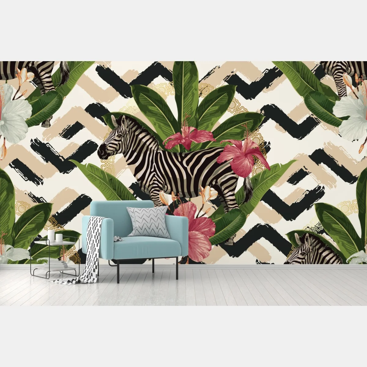 Fototapete vintage tropisches muster mit zebra und hibiskus – Wallnifity®