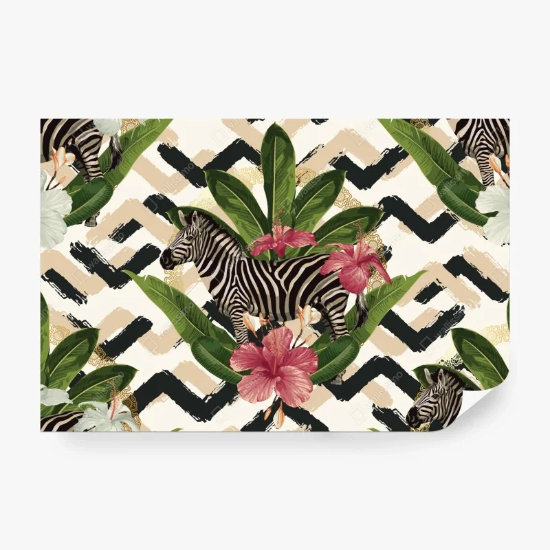 Fototapete vintage tropisches muster mit zebra und hibiskus