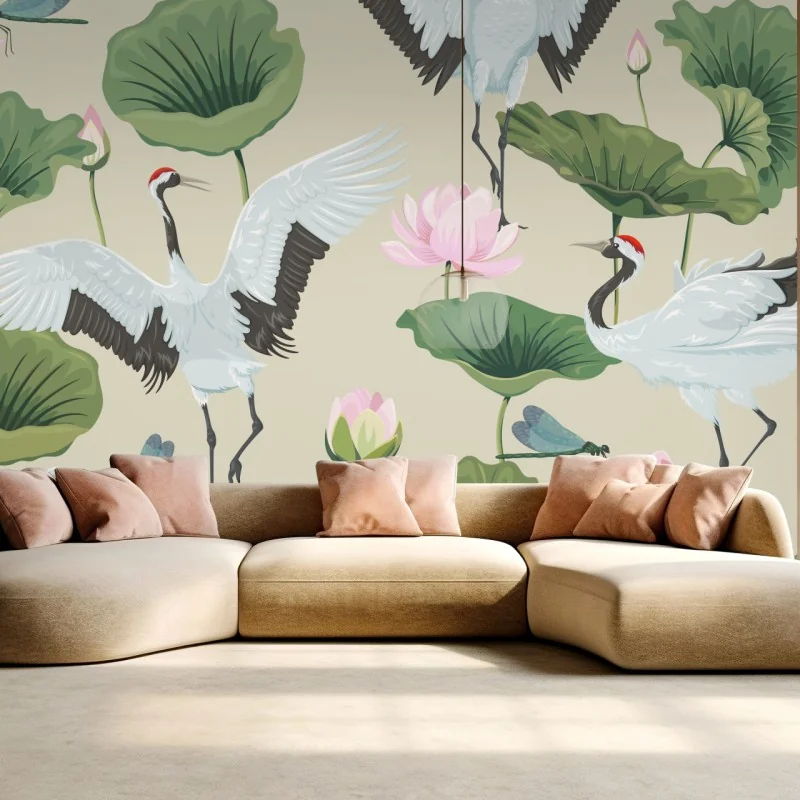 Fototapete elegantes muster mit kranichen und lotusblumen