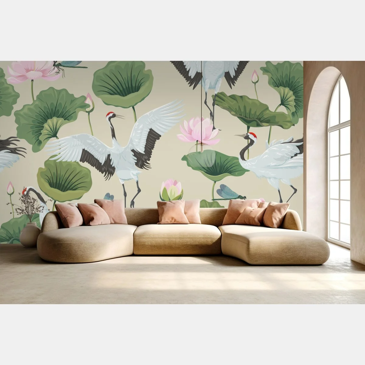 Fototapete elegantes muster mit kranichen und lotusblumen – Wallnifity® Fototapete elegantes muster mit kranichen und lotusblumen – Wallnifity®