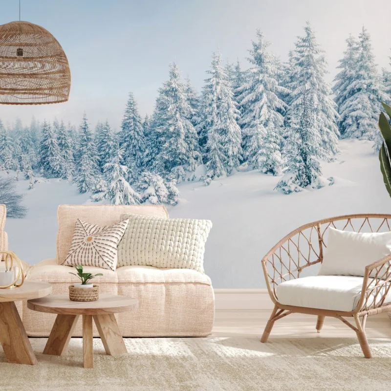 Fototapete winterliche waldpanorama mit schneebedeckten fichten