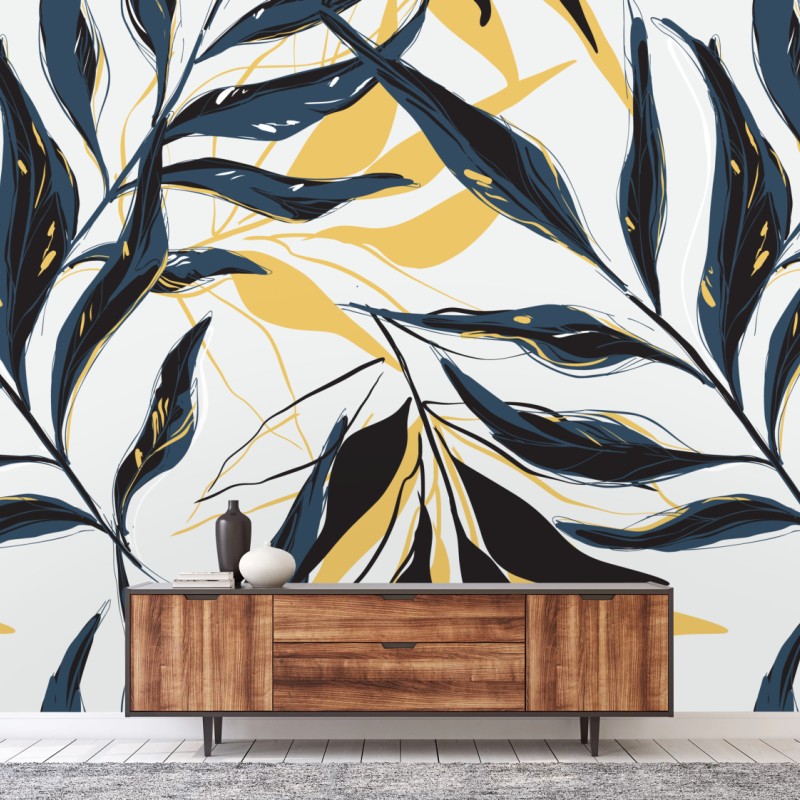 Fototapete marineblaue und goldene botanische blattkomposition