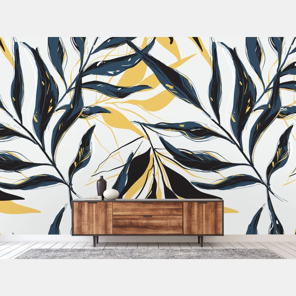 Fototapete marineblaue und goldene botanische blattkomposition – Wallnifity®