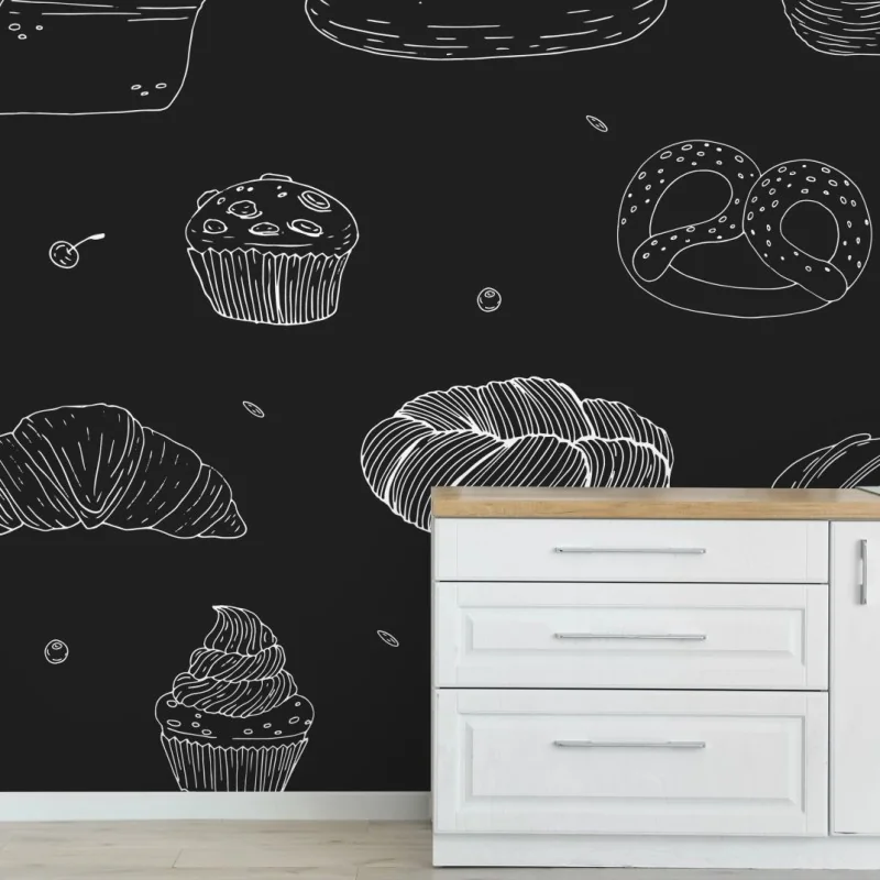 Fototapete handgezeichnetes gebäckmuster auf dunklem hintergrund