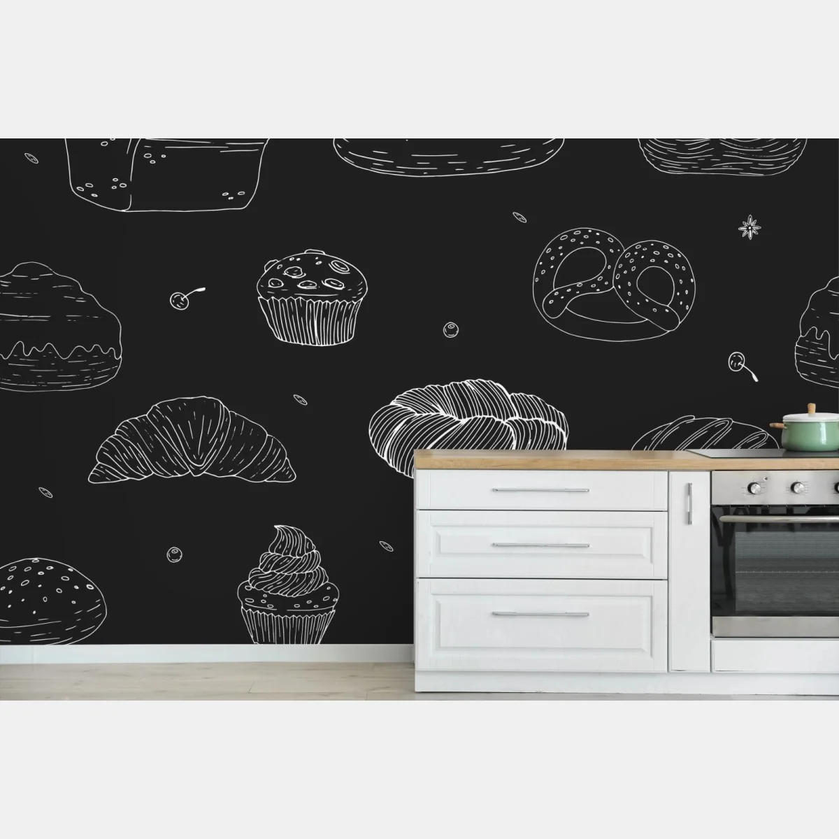 Fototapete handgezeichnetes gebäckmuster auf dunklem hintergrund – Wallnifity®