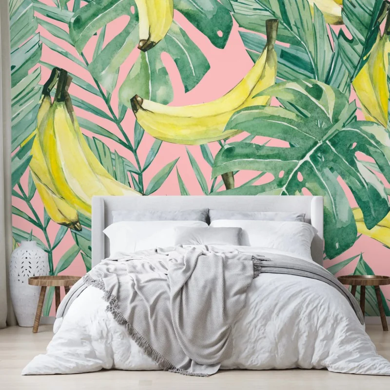 Fototapete aquarell-bananen und blättermuster auf rosa hintergrund