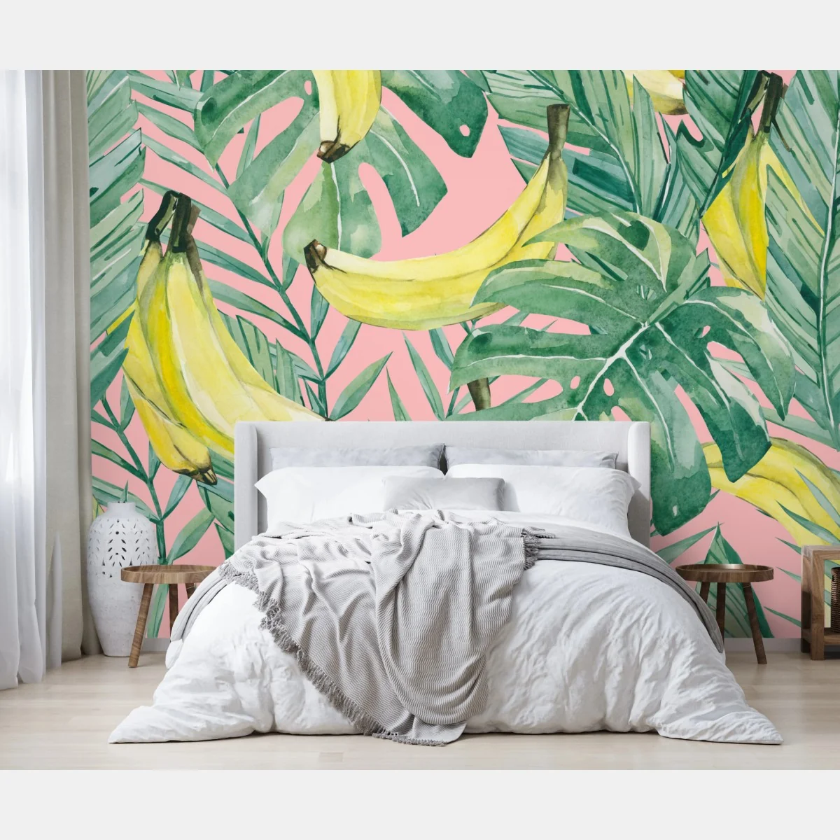 Fototapete aquarell-bananen und blättermuster auf rosa hintergrund – Wallnifity®