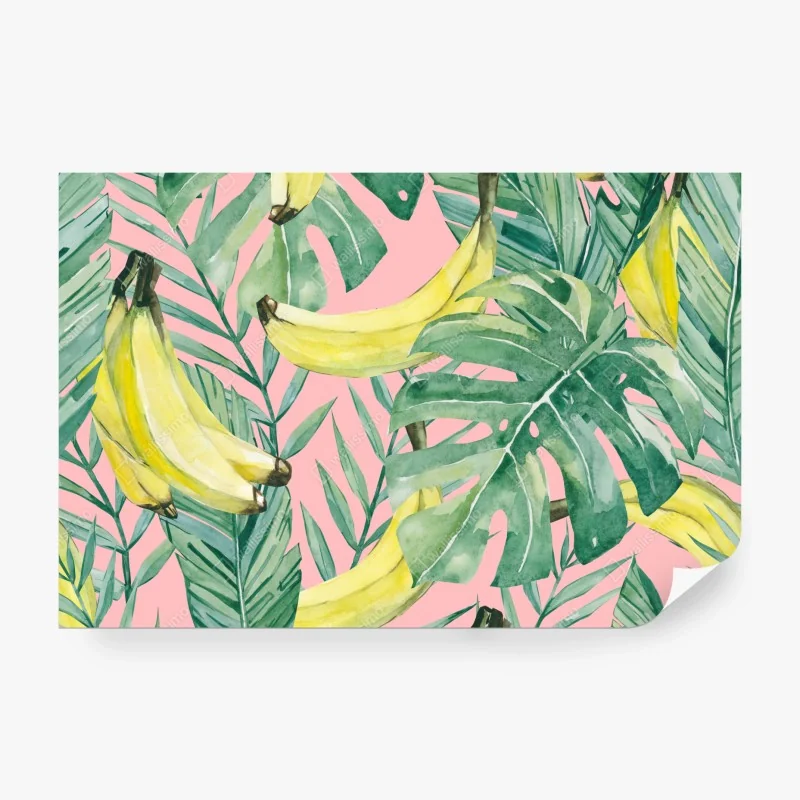 Fototapete aquarell-bananen und blättermuster auf rosa hintergrund
