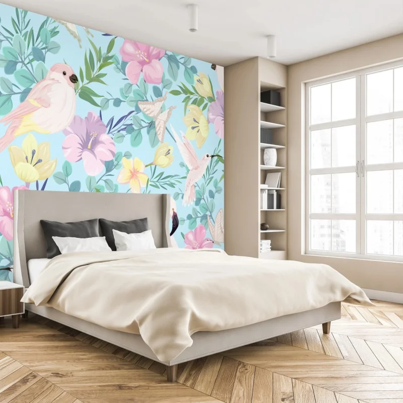 Fototapete pastell tropisches vögel- und blumenmuster – Wallnifity® Fototapete pastell tropisches vögel- und blumenmuster – Wallnifity®