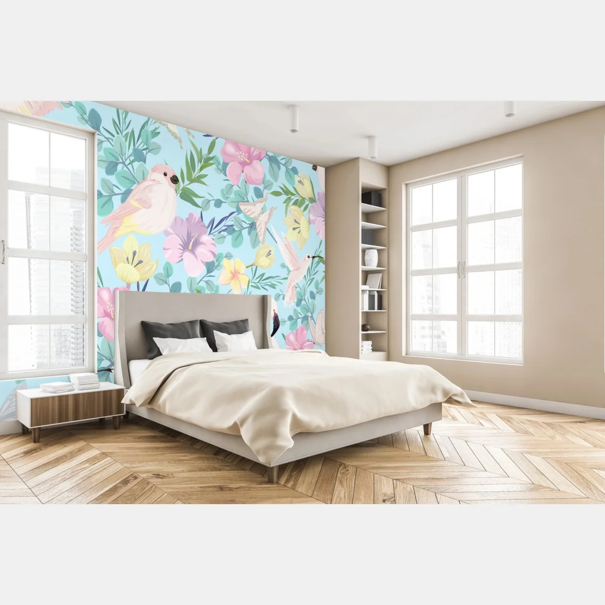 Fototapete pastell tropisches vögel- und blumenmuster – Wallnifity® Fototapete pastell tropisches vögel- und blumenmuster – Wallnifity®