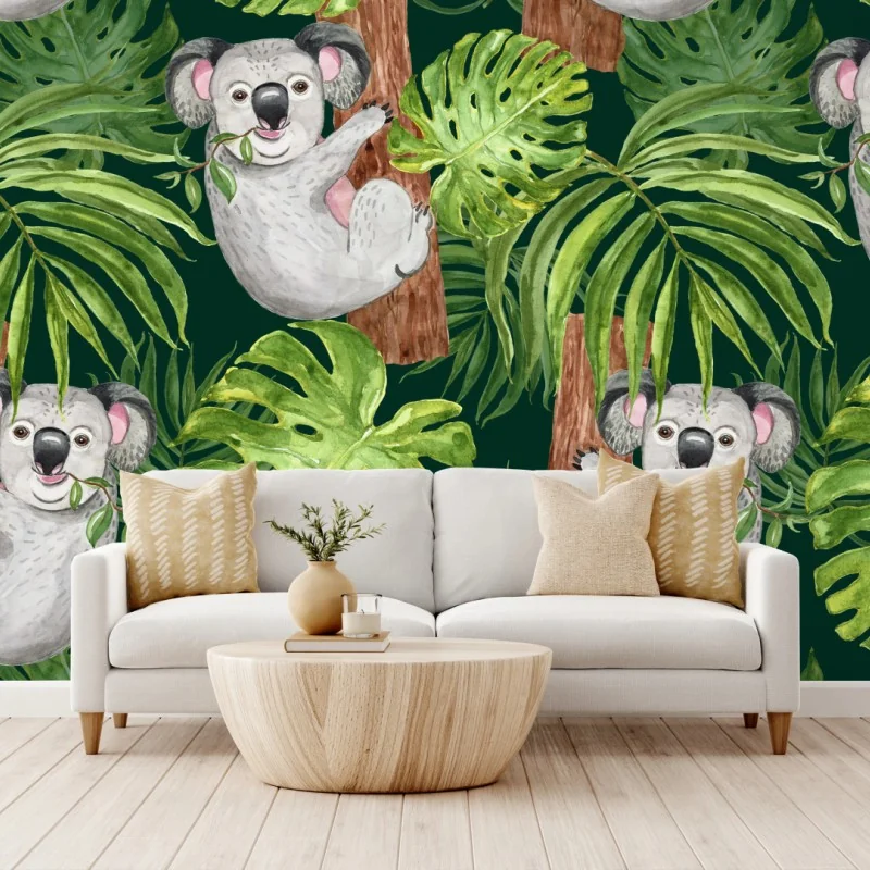 Fototapete niedliches aquarell-koala-muster mit tropischen blättern