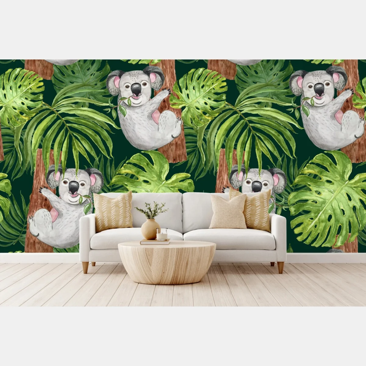 Fototapete niedliches aquarell-koala-muster mit tropischen blättern – Wallnifity® Fototapete niedliches aquarell-koala-muster mit tropischen blättern – Wallnifity®