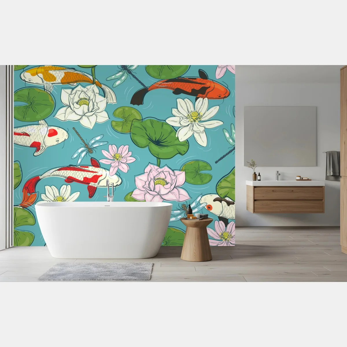 Fototapete ruhiger koi-teich mit lotuspflanzen – Wallnifity® Fototapete ruhiger koi-teich mit lotuspflanzen – Wallnifity®