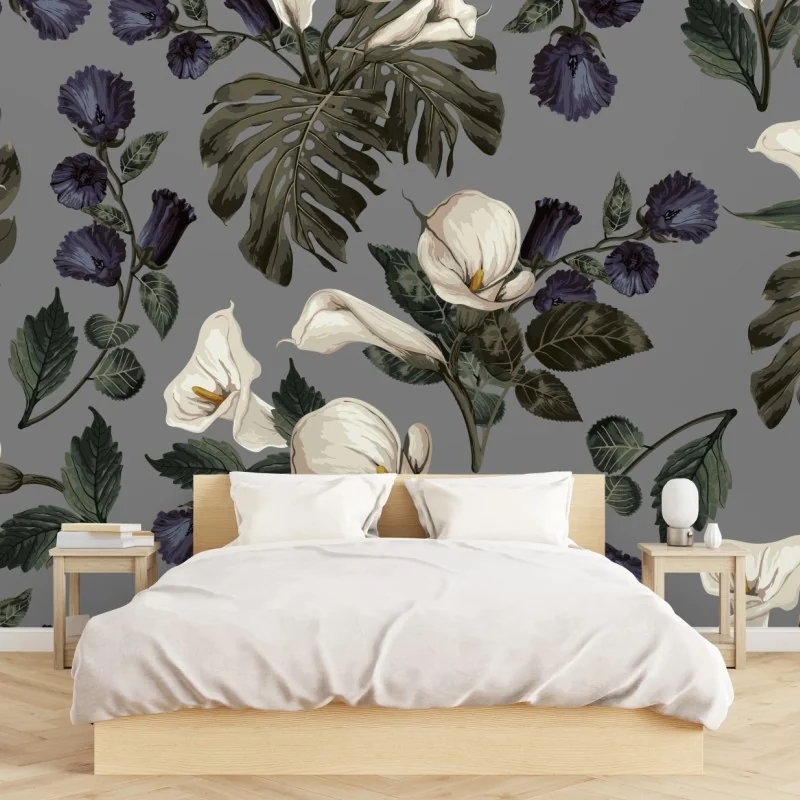 Fototapete vintage calla blumenmuster auf grauem hintergrund