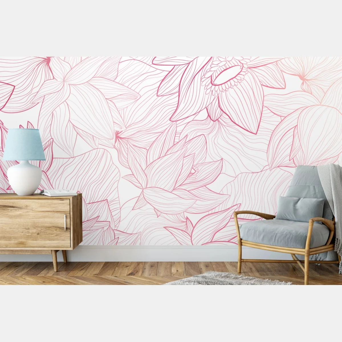 Fototapete zartes rosa blumenlinienmuster – Wallnifity®