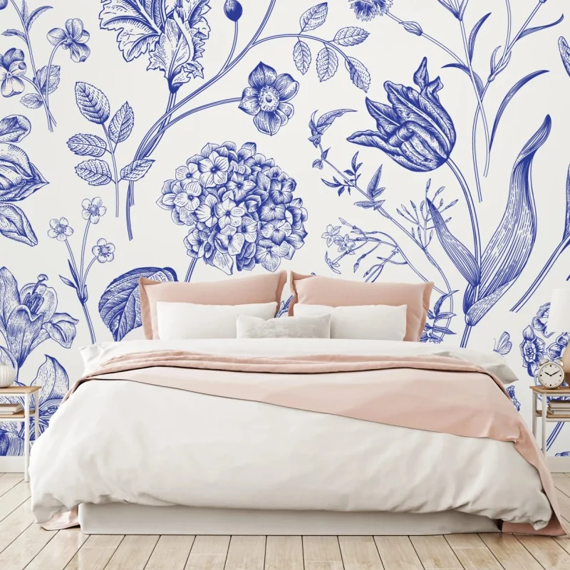 Fototapete klassisches blaues toile blumenmuster