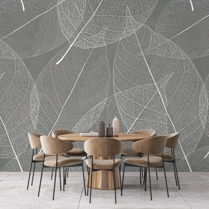 Fototapete feines blattadern-muster in grautönen