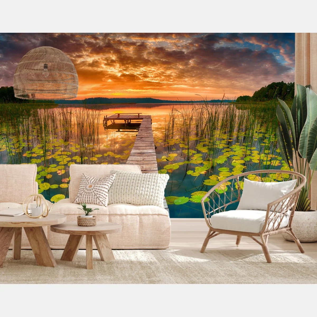 Fototapete sonnenaufgang über stillem see mit hölzernem steg – Wallnifity®