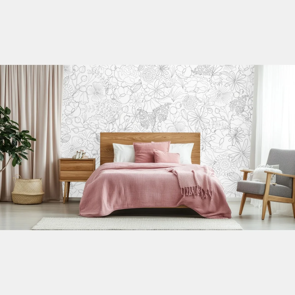 Fototapete zartes handgezeichnetes blumenlinienmuster – Wallnifity®