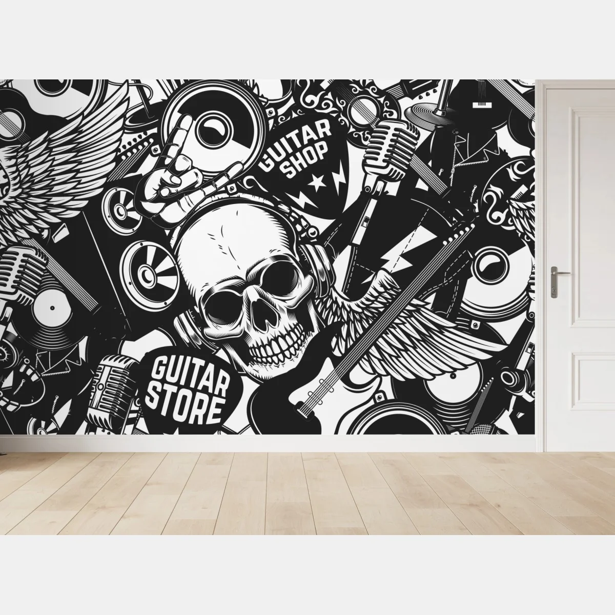 Fototapete rock-collage mit schädel und gitarre – Wallnifity® Fototapete rock-collage mit schädel und gitarre – Wallnifity®