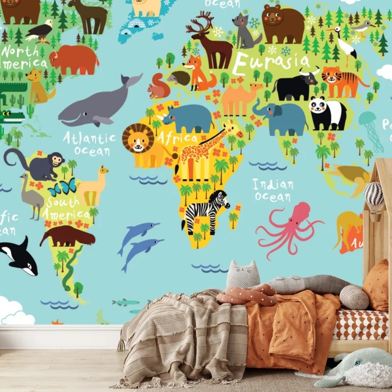 Fototapete niedliche weltkarte mit tieren