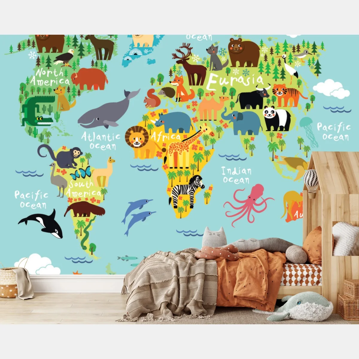 Fototapete niedliche weltkarte mit tieren – Wallnifity®