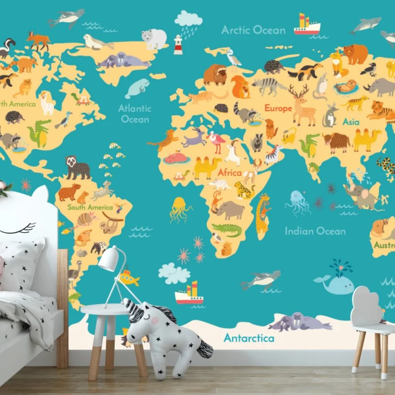 Fototapete bunte weltkarte mit tieren – Wallnifity® Fototapete bunte weltkarte mit tieren – Wallnifity®