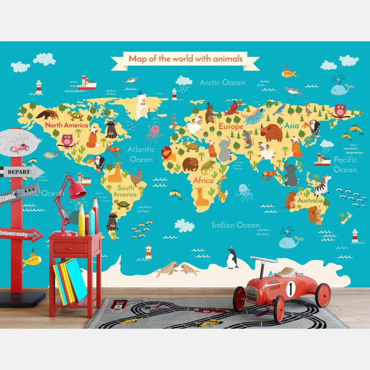 Fototapete verspielte weltkarte mit tieren – Wallnifity®