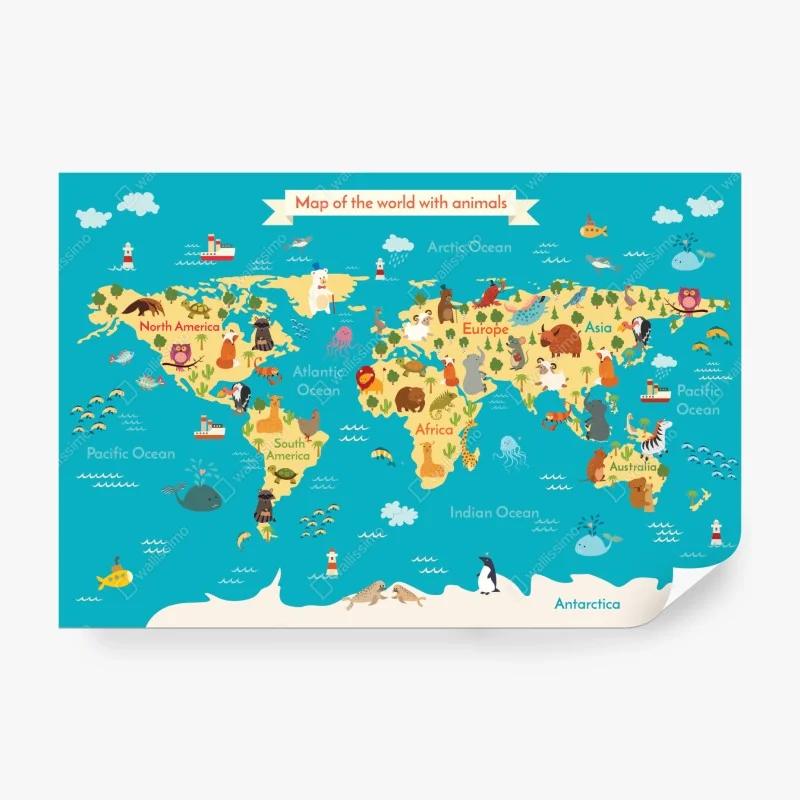 Fototapete verspielte weltkarte mit tieren