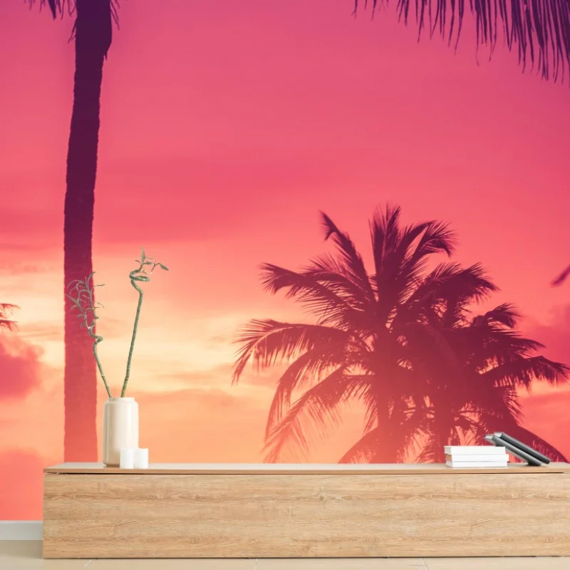 Fototapete tropischer sonnenuntergang mit palmen
