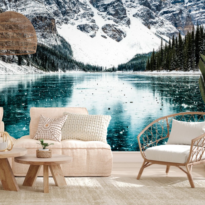 Fototapete eisiger türkissee mit bergreflexion