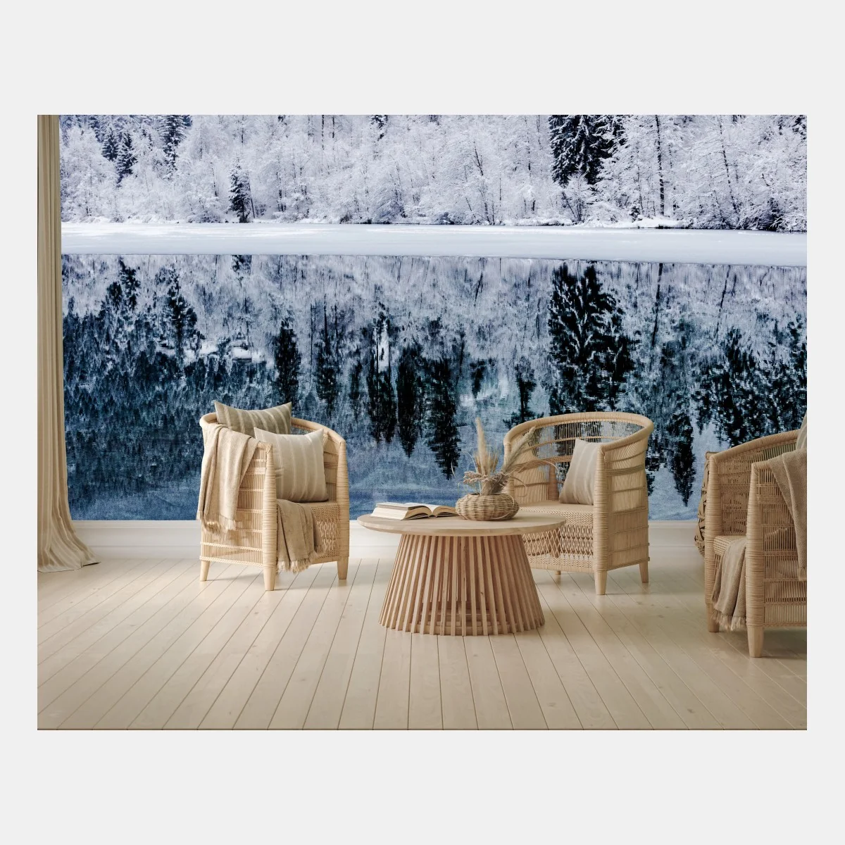 Fototapete winterlicher see mit spiegelung im verschneiten wald – Wallnifity® Fototapete winterlicher see mit spiegelung im verschneiten wald – Wallnifity®